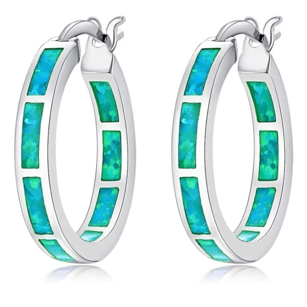 14K White Gold with Genuine Green Fire Opal Round Latch Back Hoop Earrings